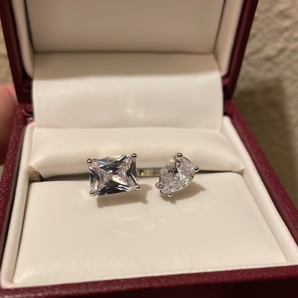 Sterling Silver Water Drop Zircon Stone Adjustable Ring Sparkly Luxury Floating - Picture 7 of 17